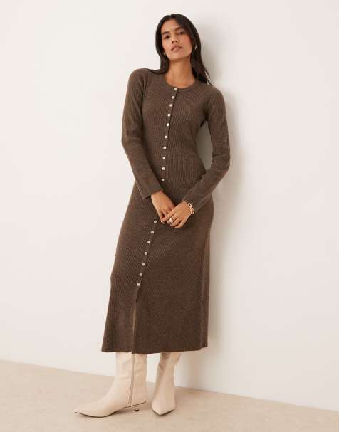 Nobody's Child button through knitted midi dress with wool in beige - view 1