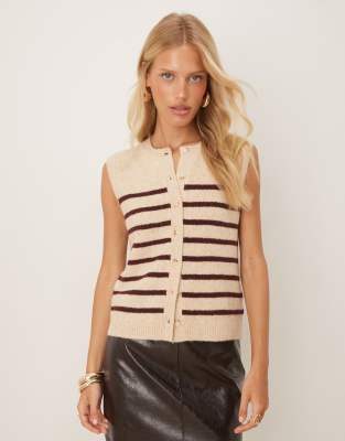 Nobody's Child button through knitted singlet in beige and red stripe ...