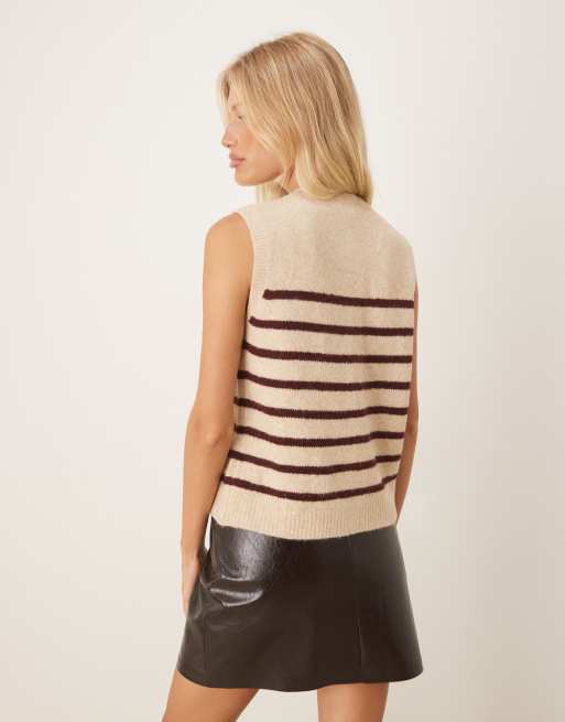 Nobody's Child button through knitted singlet in beige and red stripe, 4 of 4