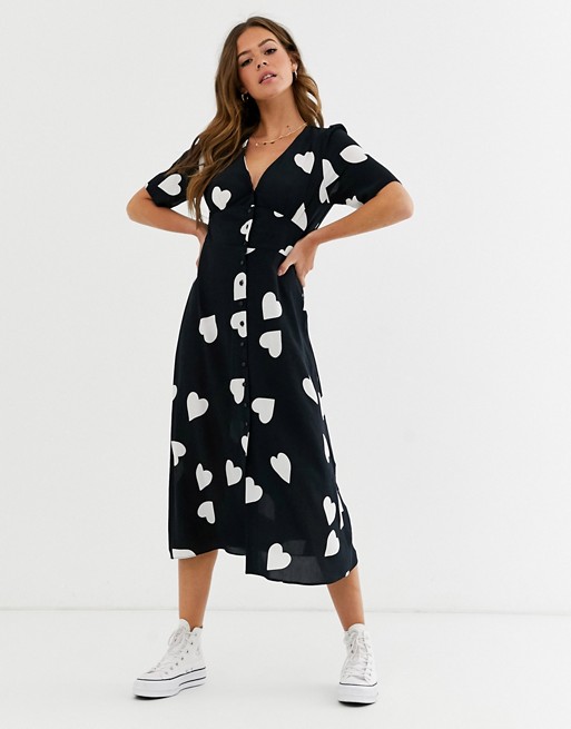 Nobody's Child button through midaxi tea dress in scatter heart print