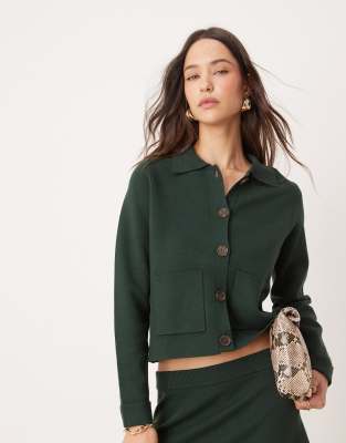 button up collared cardigan in dark green - part of a set