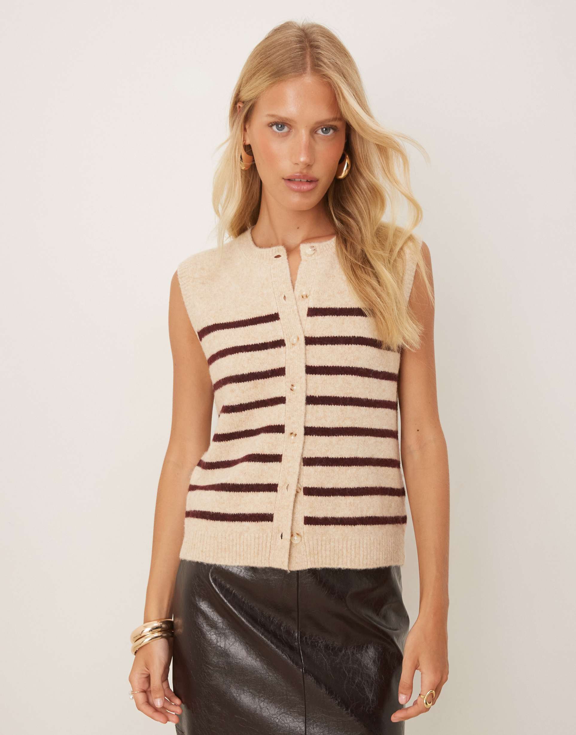nobody's child button up knit vest in beige and red stripes