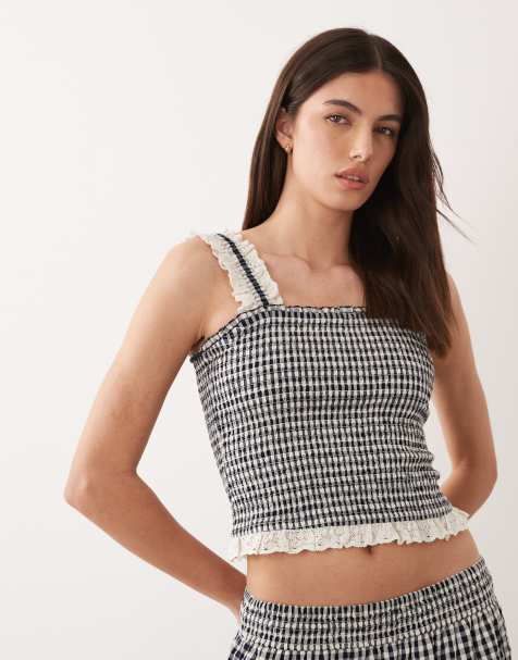 Nobody's Child - Cami-top med blondekanter og rynket overdel i sort gingham-tern - Del af sæt - view 1