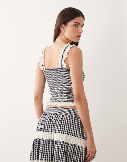 Nobody's Child - Cami-top med blondekanter og rynket overdel i sort gingham-tern - Del af sæt, 4 af 4
