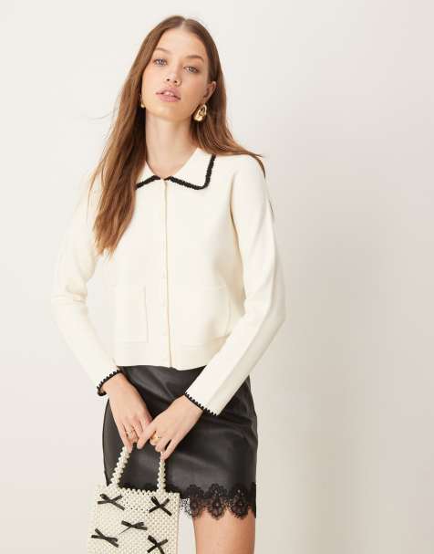 Nobody's Child - Cardigan in maglia color crema con colletto e finiture a contrasto - view 1