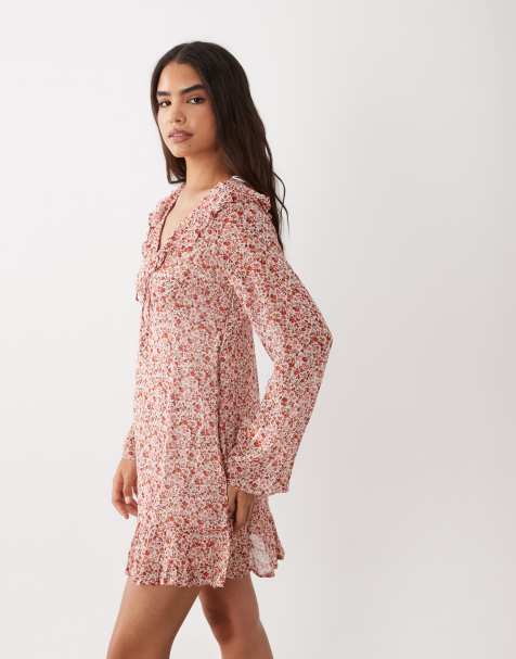 Nobody's Child Carla ruffle v-neck tiered mini dress in neutral floral print - view 1