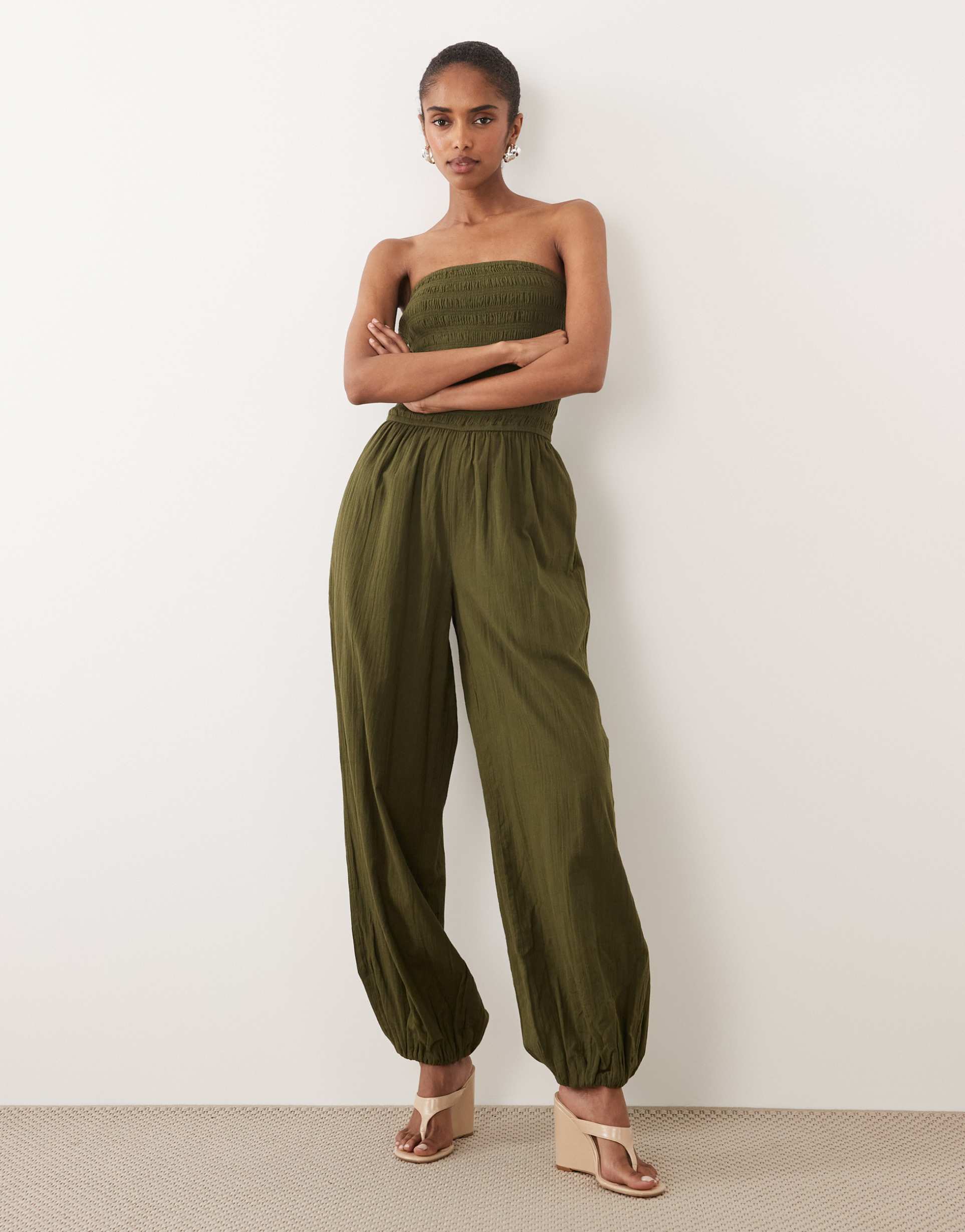 nobody's child carly cotton bandeau shirred bodice balloon leg jumpsuit in khaki