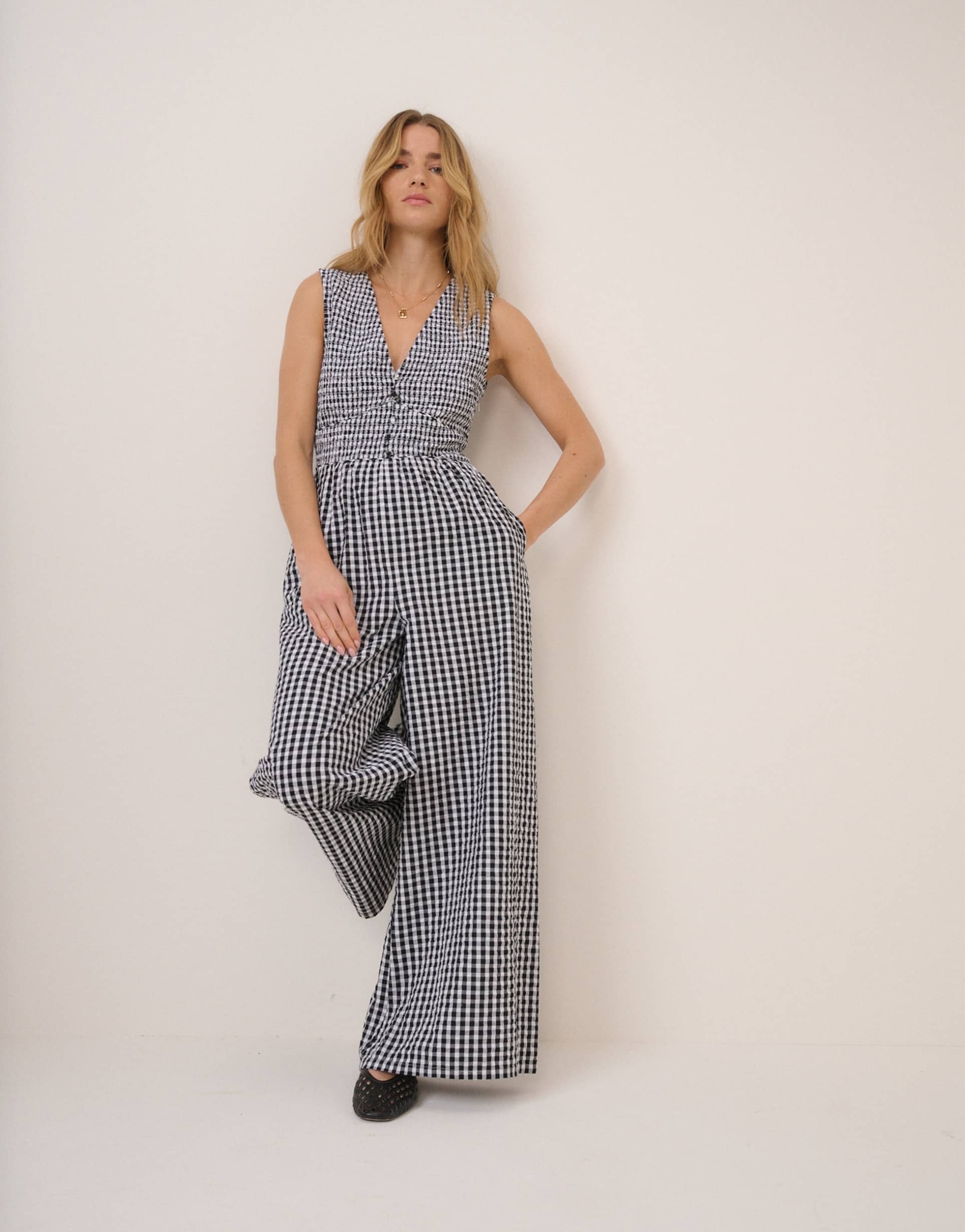 nobody's child carmen sleeveless v-neck cotton jumpsuit in black gingham