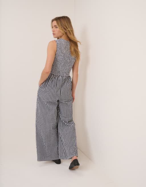 Nobody's Child - Carmen - Sort ærmeløs jumpsuit med gingham-tern og V-hals, 3 af 4