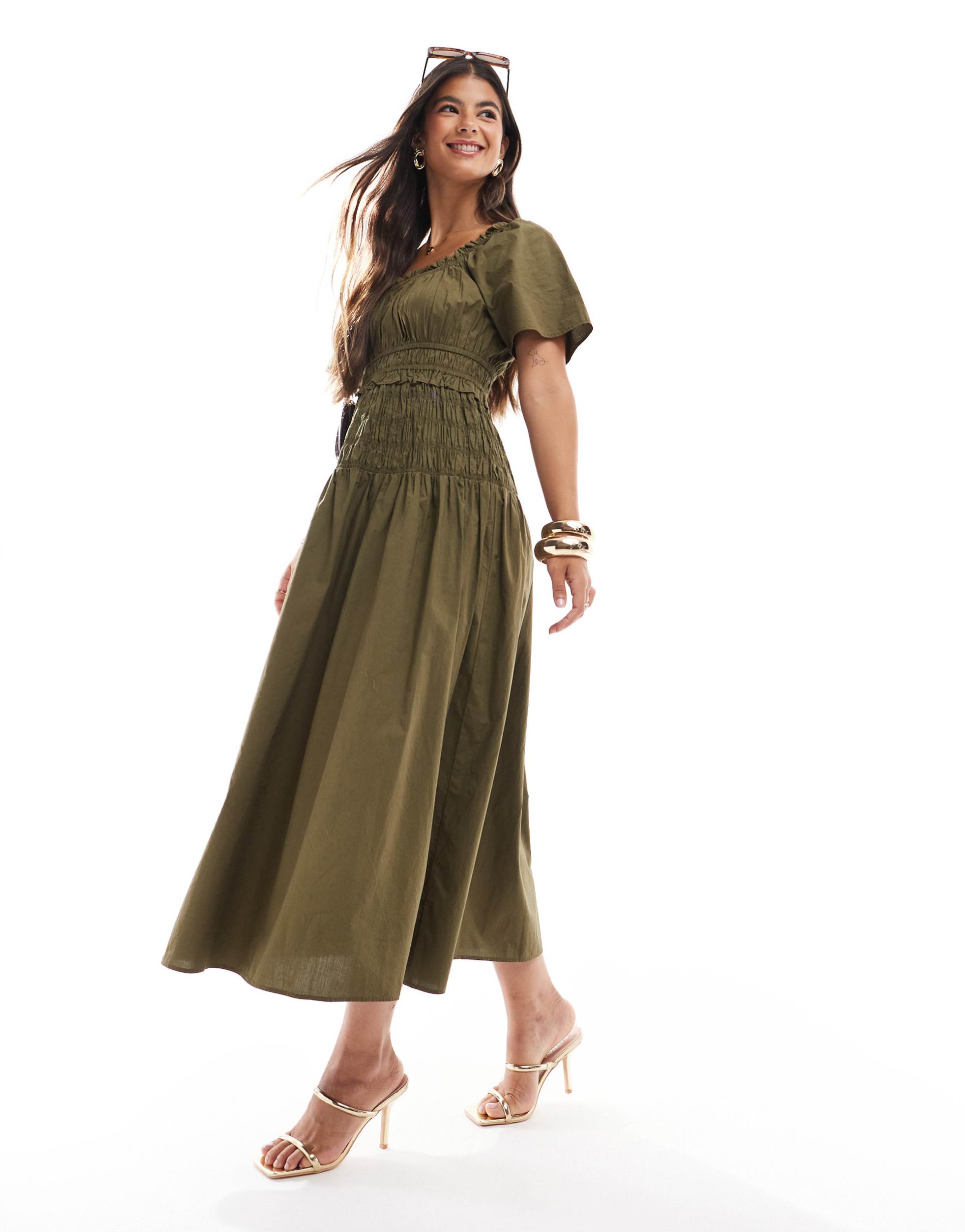 nobody's child cassandra shirred waist midaxi dress in green