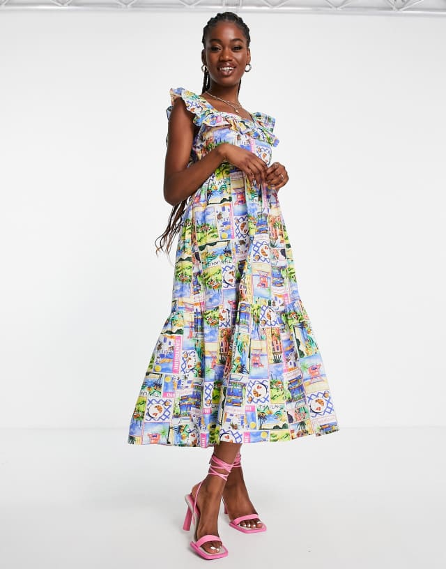 Nobody's Child Cassidy postcard print midi dress in multicolor