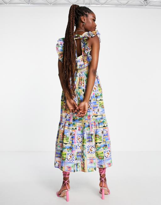 Nobody's Child Cassidy postcard print midi dress in multicolor | ASOS