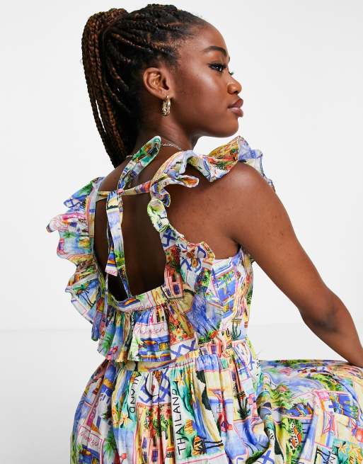 Nobody's Child Cassidy postcard print midi dress in multicolor | ASOS