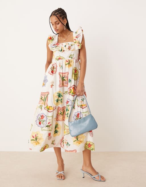 Nobody's Child Cassidy ruffle tiered midi dress in postcard fruit print |  ASOS