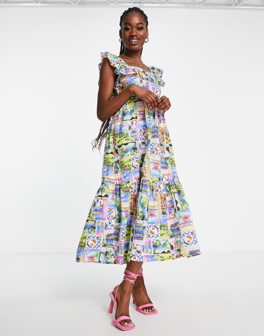 Nobody's Child - Cassidy - Vestito midi multicolore con stampa stile cartolina