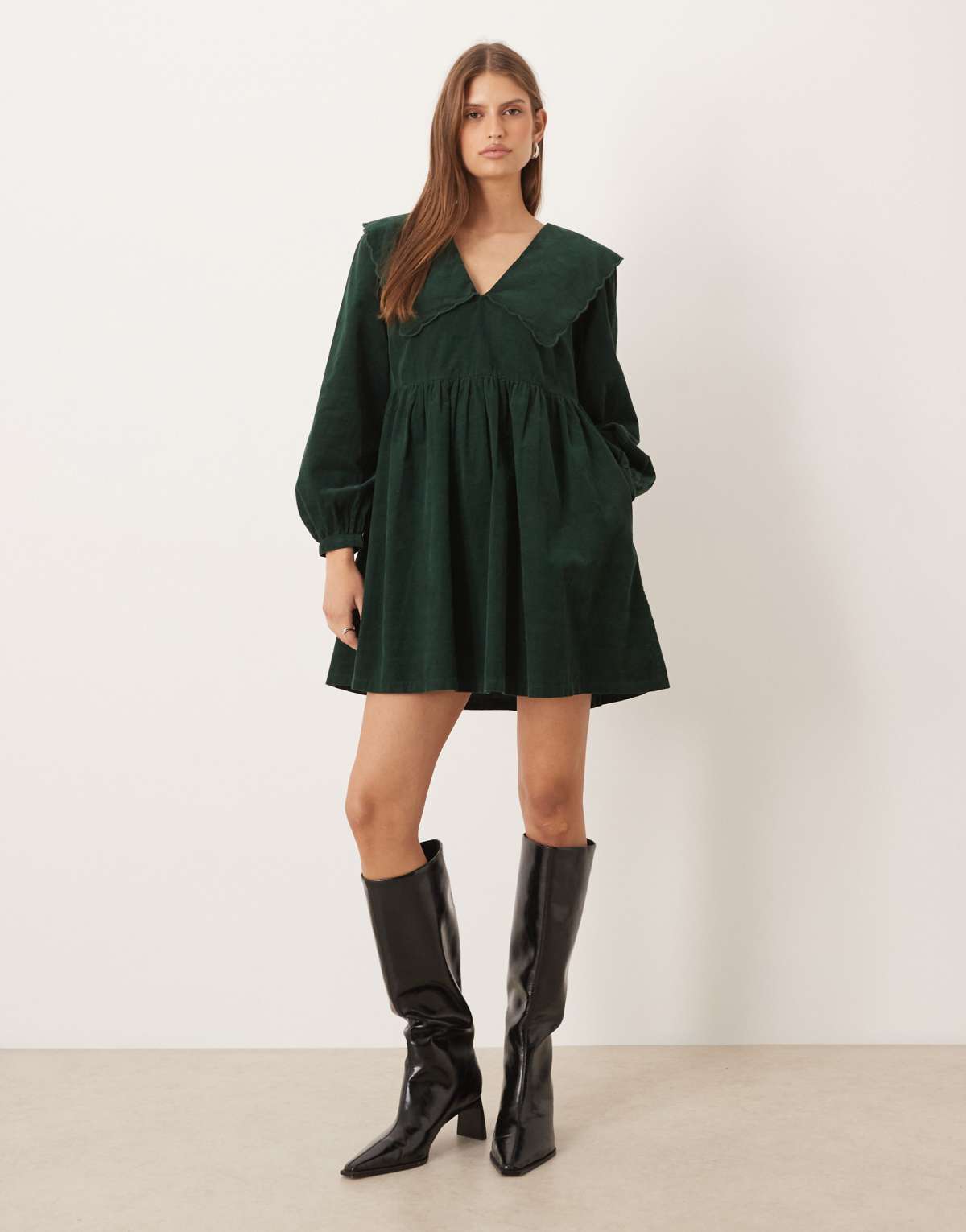 Nobody's Child Cassis cord mini smock dress in dark green