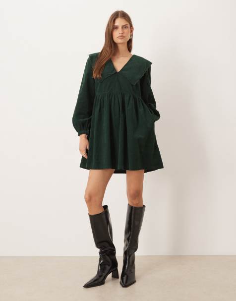 Nobody's Child - Cassis - Robe babydoll courte en velours côtelé - Vert foncé - view 1