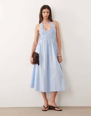 本日限定　shirred frill halter tops Striped Ruffle Halter Top
