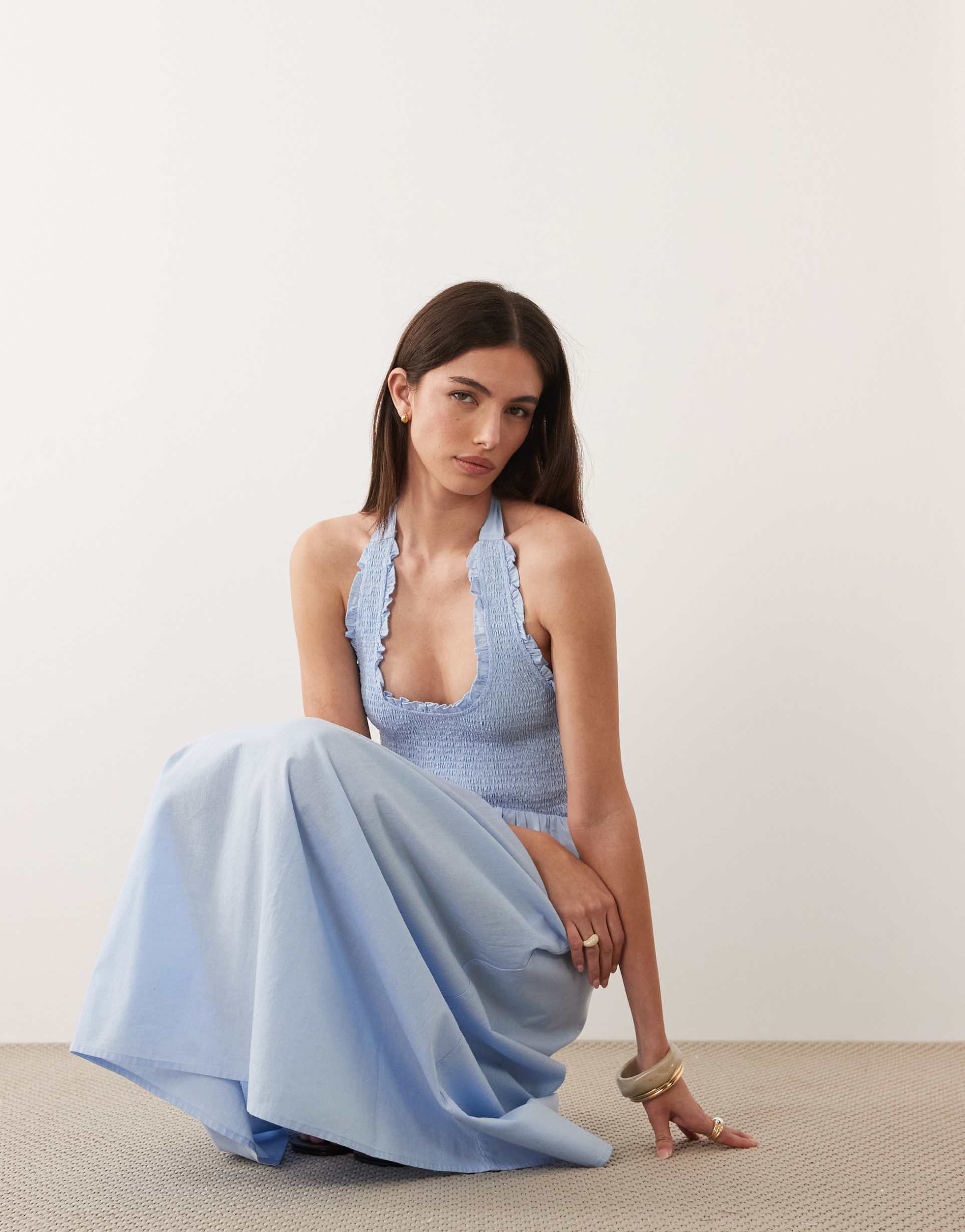 nobody's child caterina linen blend halter neck shirred bodice ruffle trim midi dress in pale blue