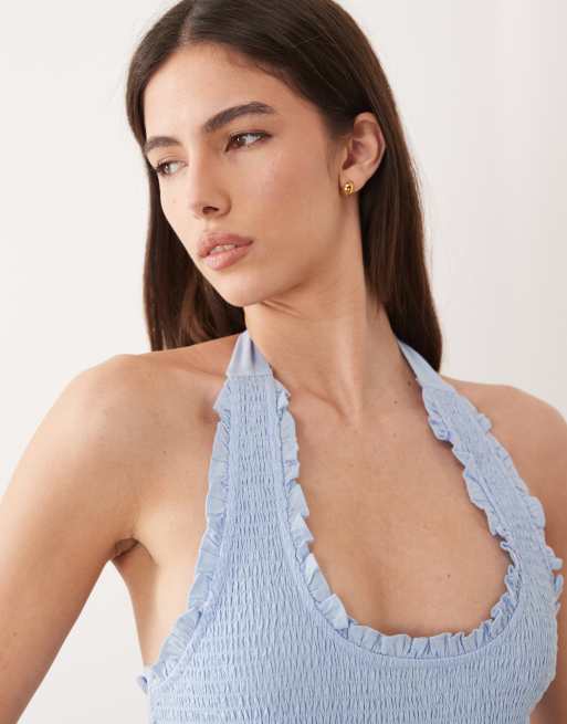 トップス theredthread shirred frill halter tops Lova Shirred Halter Neck Crop Top in Sky Grey | Oh Polly