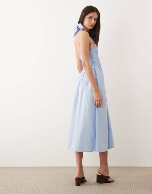 Nobody's Child Caterina linen blend halter neck shirred bodice ruffle trim  midi dress in pale blue | ASOS