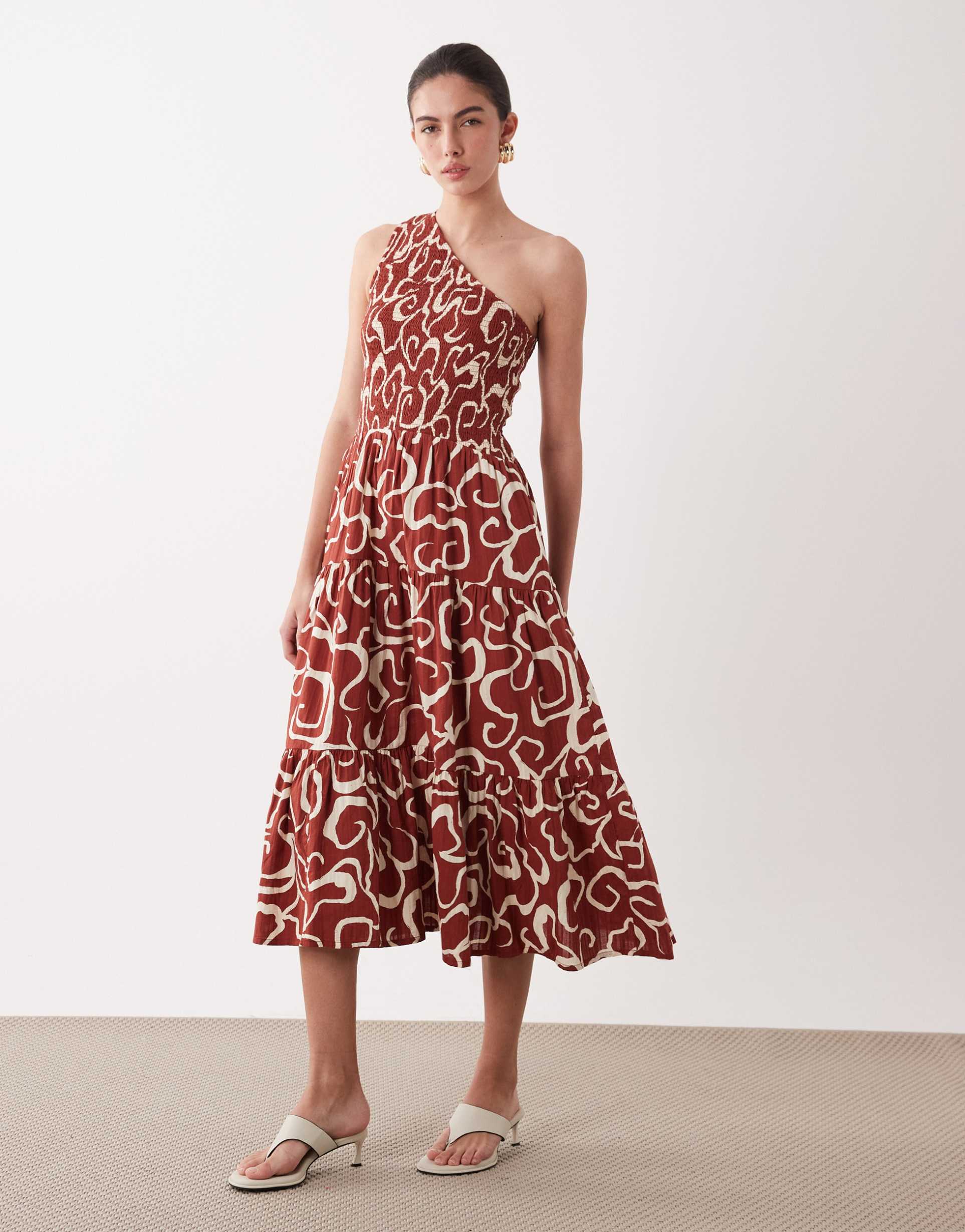 nobody's child cecilia one shoulder midi dress in brown abstract print