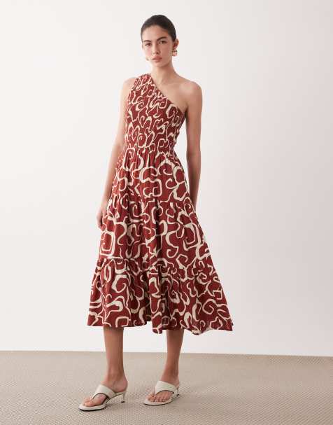 Nobody's Child Cecilia cotton one shoulder tiered skirt midi dress in brown abstract print