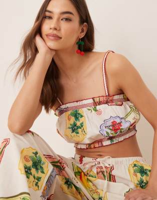 Nobody's Child Chai cropped cami top co-ord in postcard fruit print-Multi
