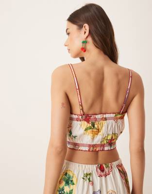 nobody's child chai cropped cami top in postcard fruit print - part of a set