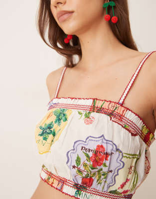 nobody's child chai cropped cami top in postcard fruit print - part of a set