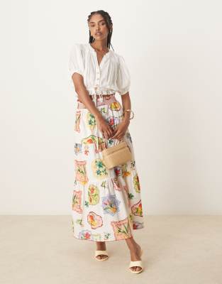 Nobody's Child - Chai - Gestufter Midirock mit Postkarten-Obstprint-Bunt