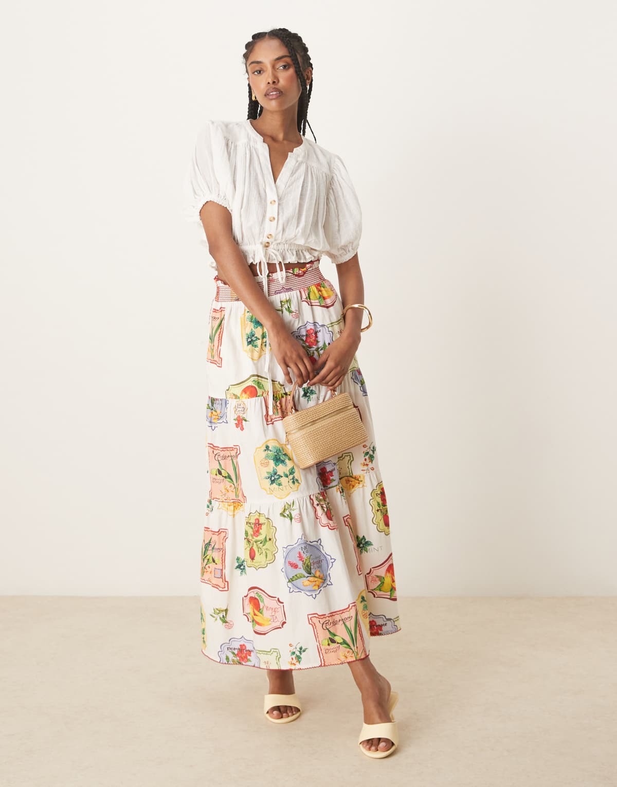 Nobody's Child Chai tiered midi skirt in postcard fruit print