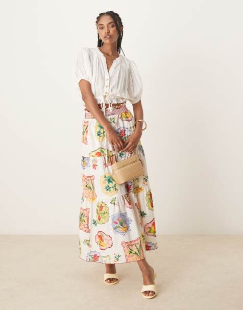 Nobody's Child Chai tiered midi skirt in postcard fruit print
