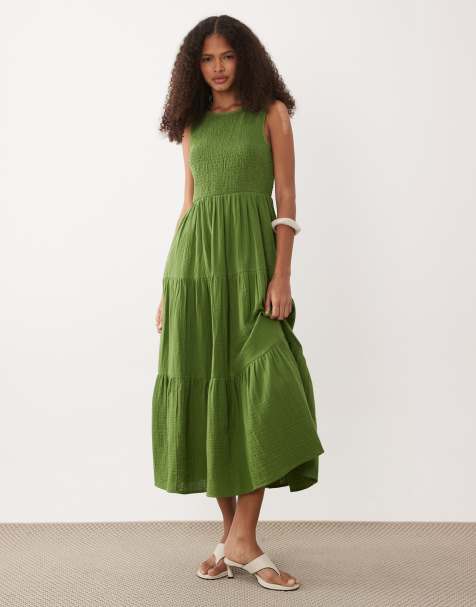 Nobody's Child Charlie cotton shirred bodice tiered midaxi dress in green - view 1