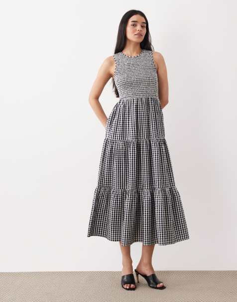 Nobody's Child Charlie cotton shirred bodice tiered midi dress in navy gingham - view 1