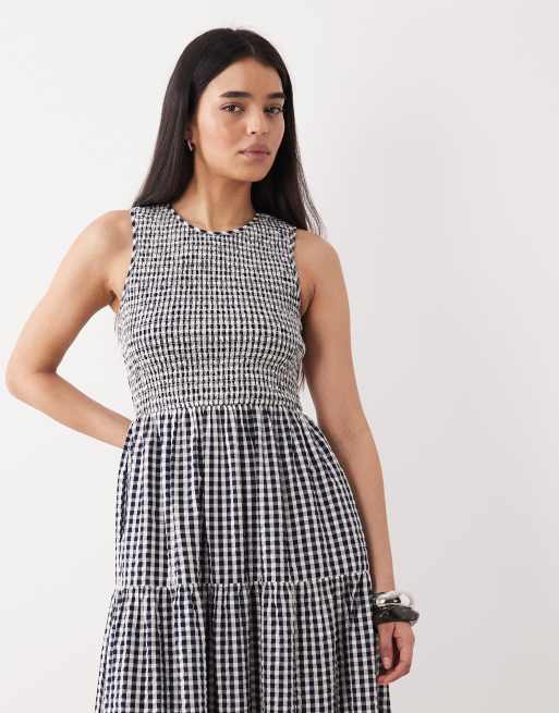 Nobody's Child Charlie cotton shirred bodice tiered midi dress in navy gingham, 2 of 4