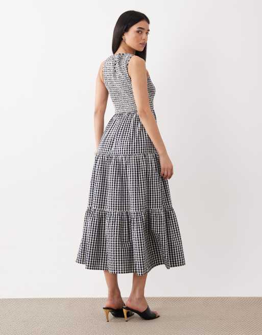 Nobody's Child Charlie cotton shirred bodice tiered midi dress in navy gingham, 4 of 4