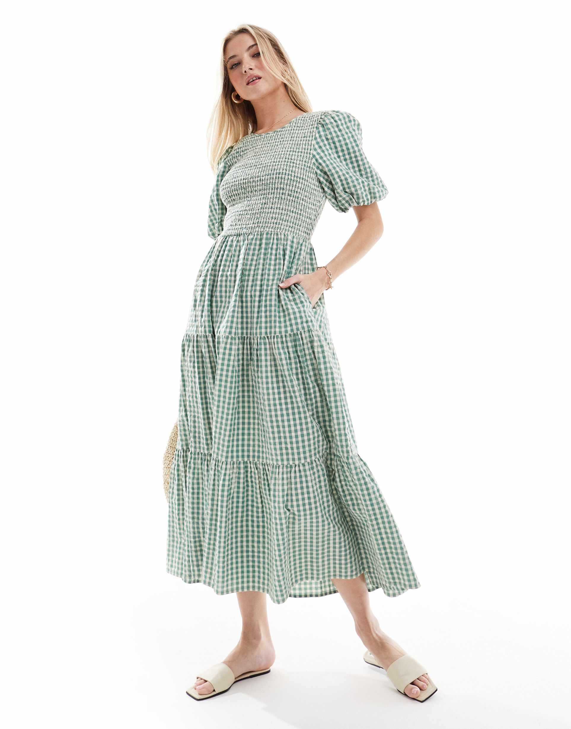 nobody's child charlie midaxi dress in green gingham check