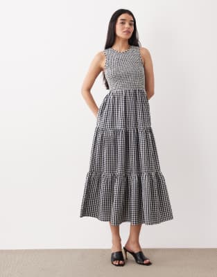 Charlie - Robe mi-longue à carreaux vichy avec volants étagés et corsage froncé - Bleu marine 36
