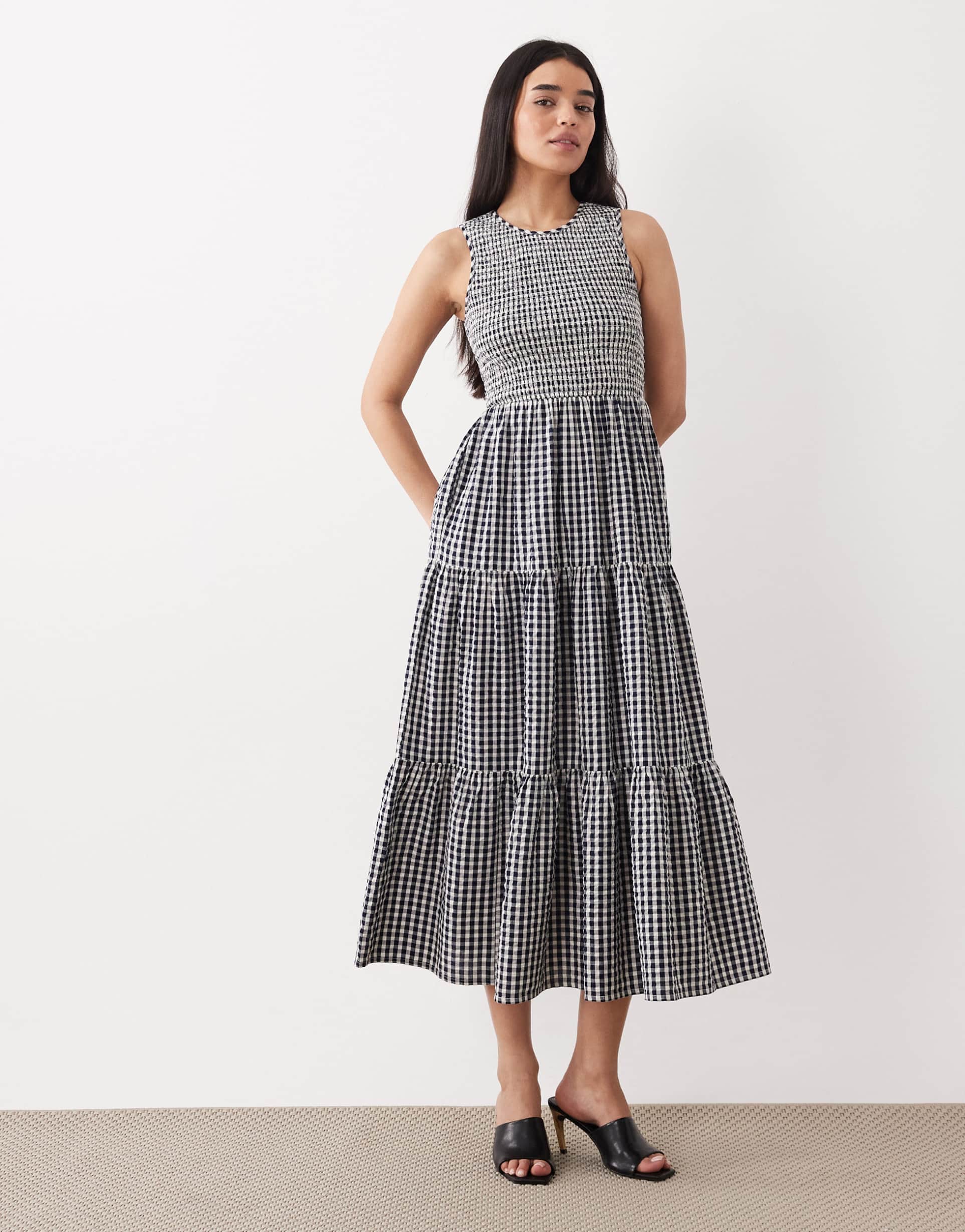 nobody's child charlie shirred bodice tiered midi dress in navy gingham