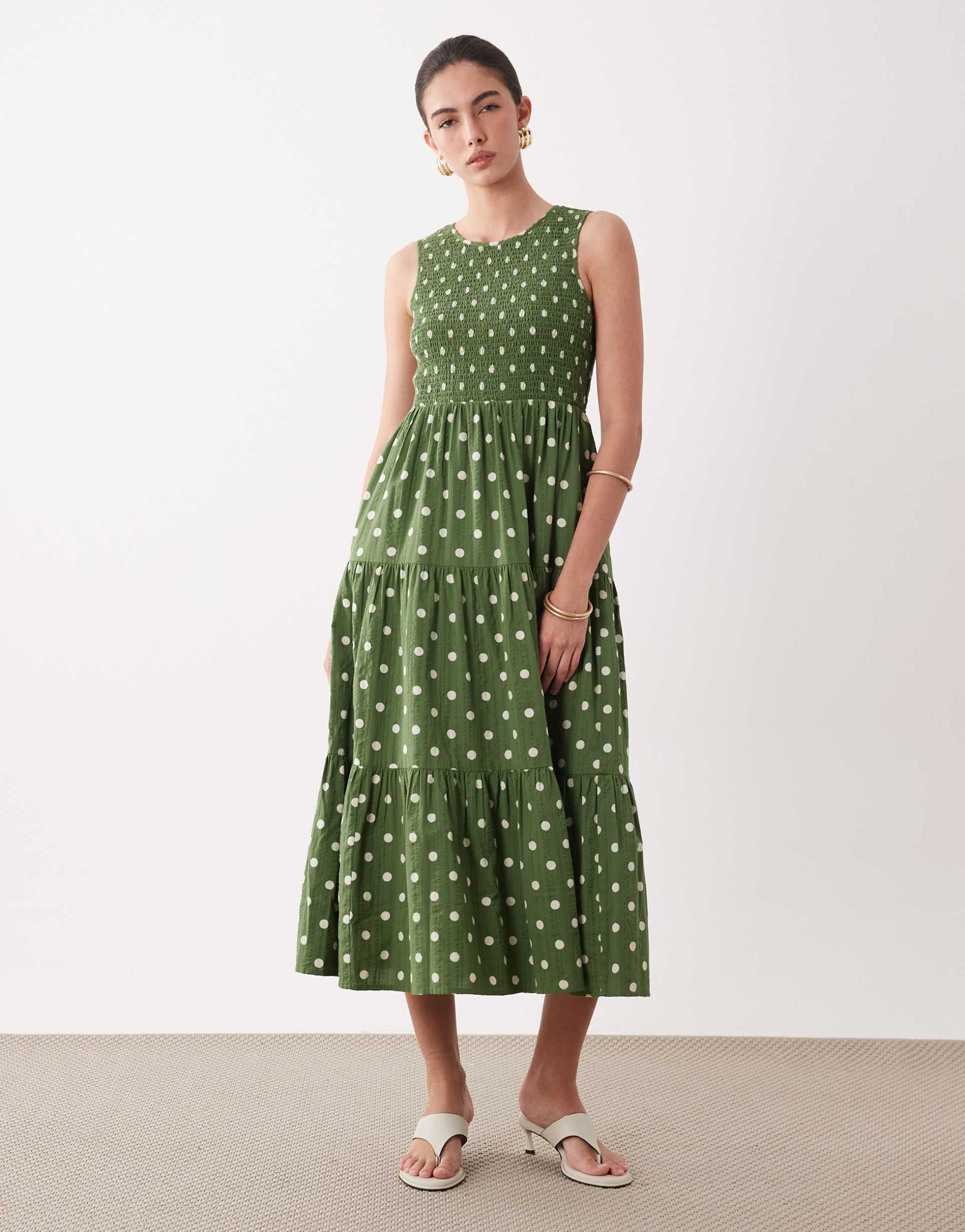 nobody's child charlie shirred bodice tiered skirt midi dress in green polka dots