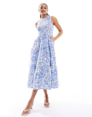 Charlie shirred midaxi dress in blue floral-Multi