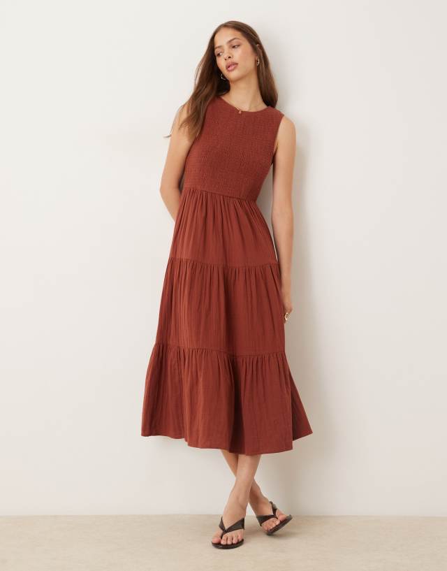 Nobody's Child Charlie sleeveless tiered midi dress in brown