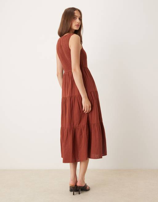 Nobody's Child Charlie sleeveless tiered midi dress in brown | ASOS