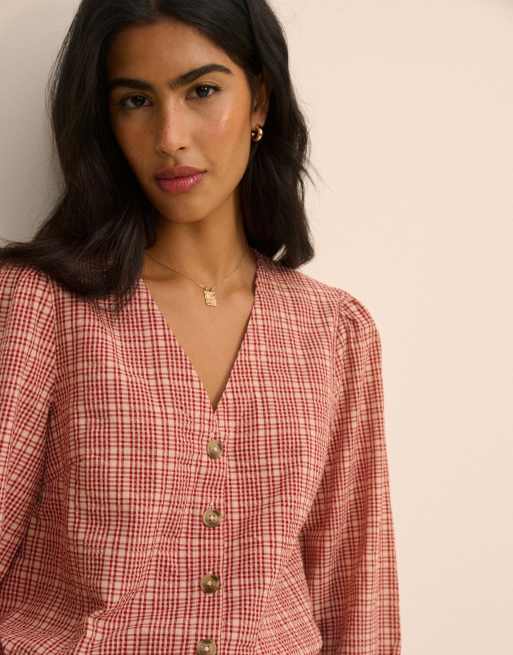 Nobody's Child Check cotton brooke blouse in red, 3 of 5