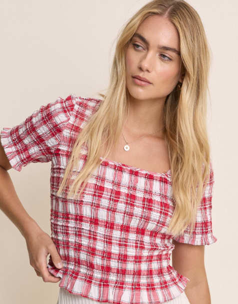 Nobody's Child Check shirred frill trim top in red - view 1