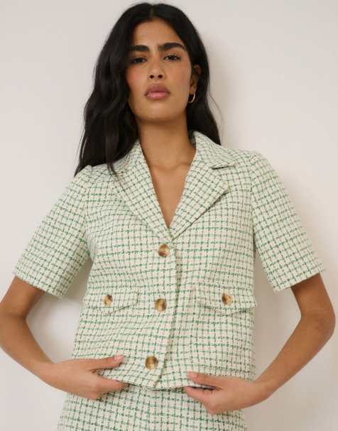 Nobody's Child Check short sleeve boucle jacket in green - view 1
