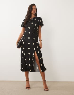 Nobody's Child Cheryl Cowl Neck Flutter Sleeve Slit Front Midi Dress In Black
