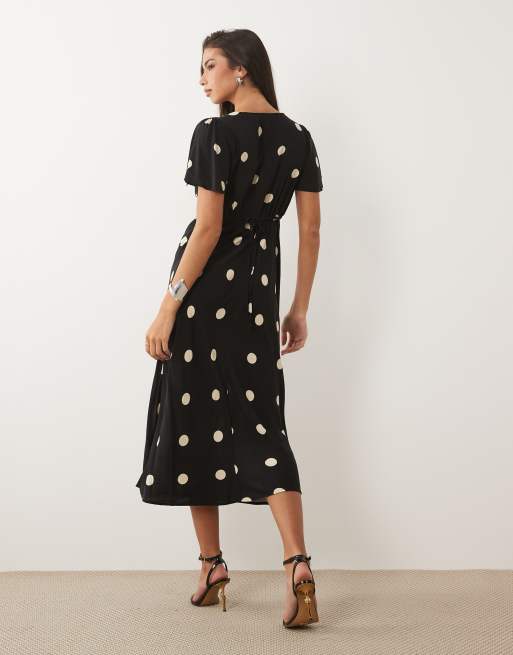 Nobody's Child Cheryl cowl neck flutter sleeve slit front midi dress in oversized black polka dot, 3 of 4