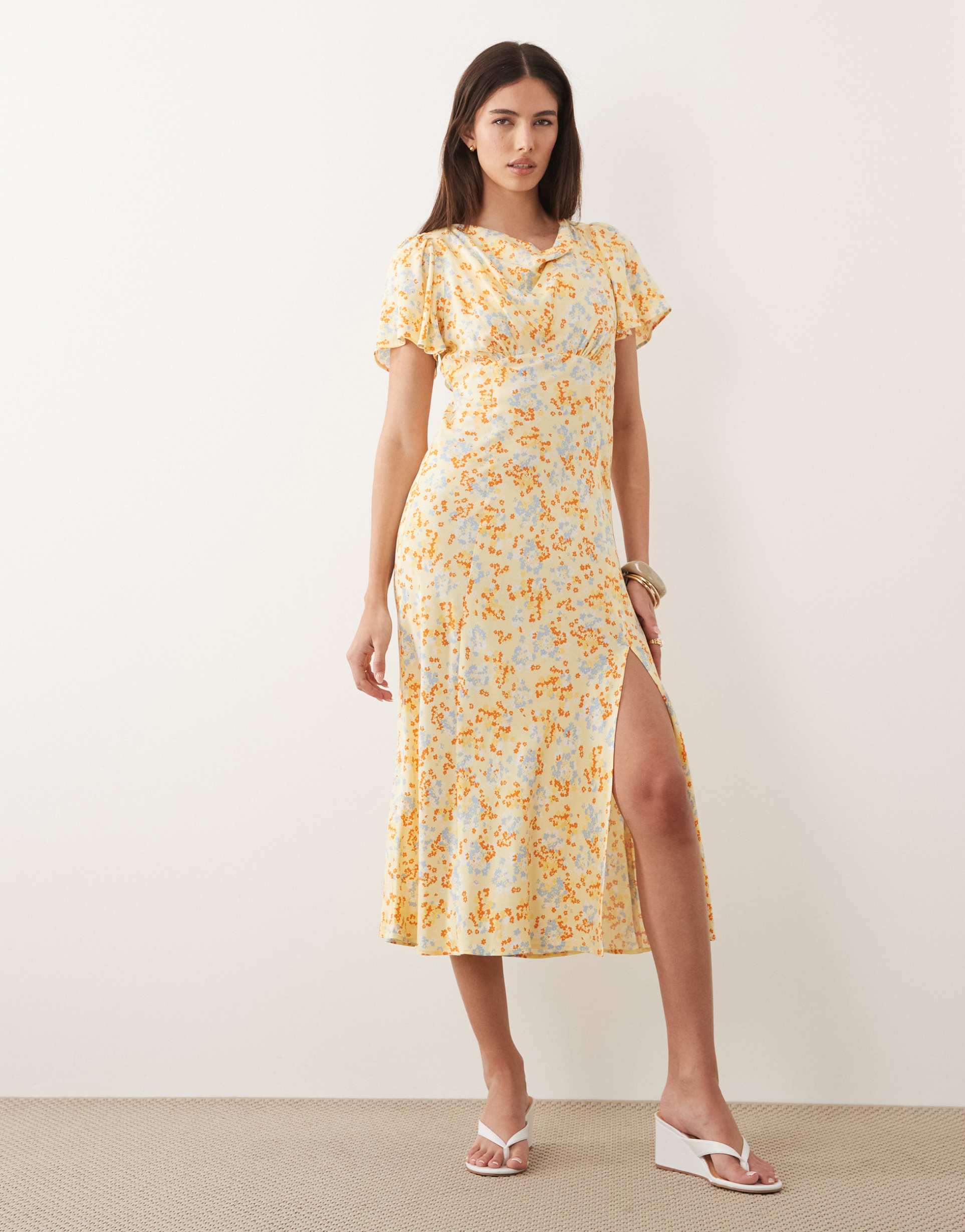 nobody's child cheryl cowl neck flutter sleeve split detail midi dress in yellow floral
